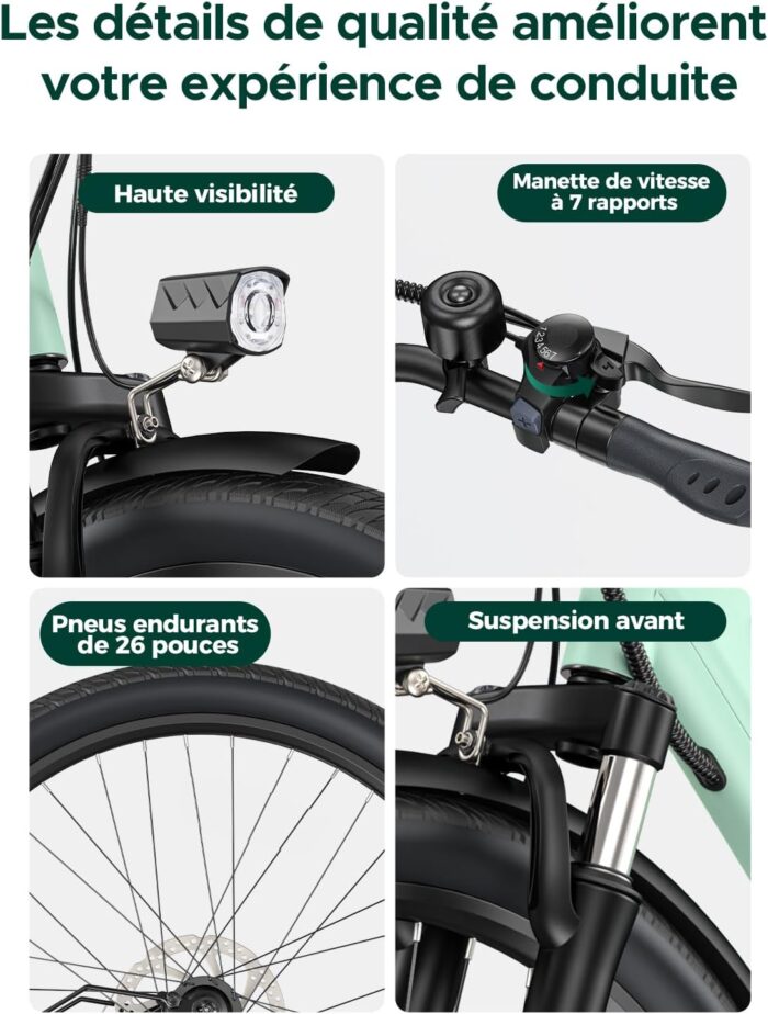 MileCity1 26" E-Bike für Erwachsene, 7 Gang Elektrofahrrad mit Austauschbarem 36V 13Ah Akku, 25 km/h und 80–100km Reichweite E-Bike für Städtische Pendler, IP65 Wasserdicht