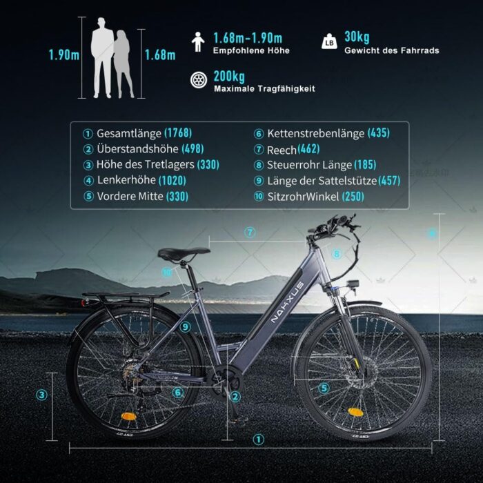 26M208 E-Bike, Elektrofahrrad 26'' Trekkingrad E-Cityrad mit 36V 13Ah Lithium-Akku für Lange Reichweite bis 100KM, 250W Motor, EU-konformes mit App