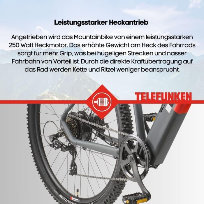 TELEFUNKEN E-Bike Mountainbike 29 Zoll für Herren und Damen | Elektrofahrrad mit 250W Hinterradmotor & 468 Wh Akku | 7-Gang Kettenschaltung | Scheibenbremsen | MTB Hardtail Pedelec