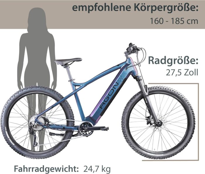 AGON E Bike Mountainbike 27,5 Zoll Alpha | Ebike Herren Damen 24 Gänge Schaltung | 250W Motor 540 Wh 15Ah Elektro MTB Fahrrad mit 15-135 km Reichweite Pedelec 36 V