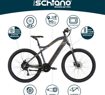 F.LLI Schiano Braver, E Bike Mountainbike, 27.5 Zoll, 36V 11.6Ah Abnehmbarer Akku, Motor 250W 50Nm, MTB Ebike für Herren und Damen