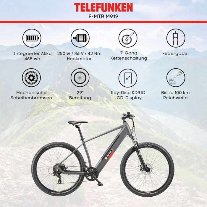 TELEFUNKEN E-Bike Mountainbike 29 Zoll für Herren und Damen | Elektrofahrrad mit 250W Hinterradmotor & 468 Wh Akku | 7-Gang Kettenschaltung | Scheibenbremsen | MTB Hardtail Pedelec