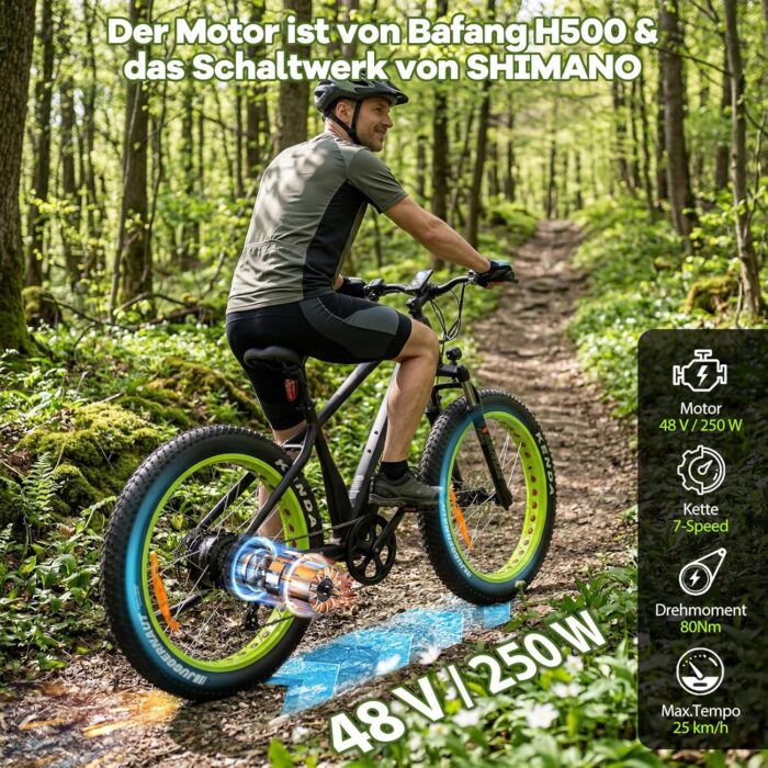 E-Bike Elektrofahrrad für Herren/Damen, 250W 25 km/h E-Mountainbike mit Batterie, Starker Motor, Kettenschaltung, Hydraulische Federgabel Pedelec
